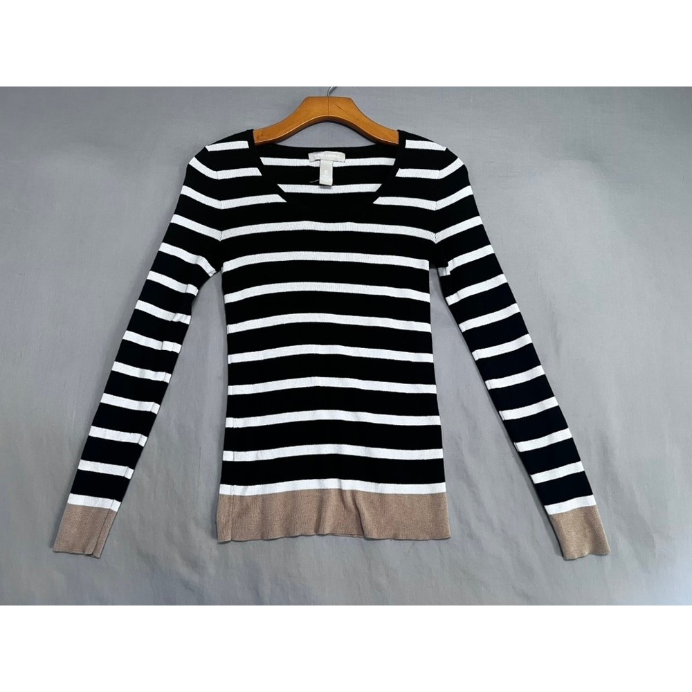 Banana Republic Silk Blend Striped Sweater Black White Tan Scoop Neck XS
